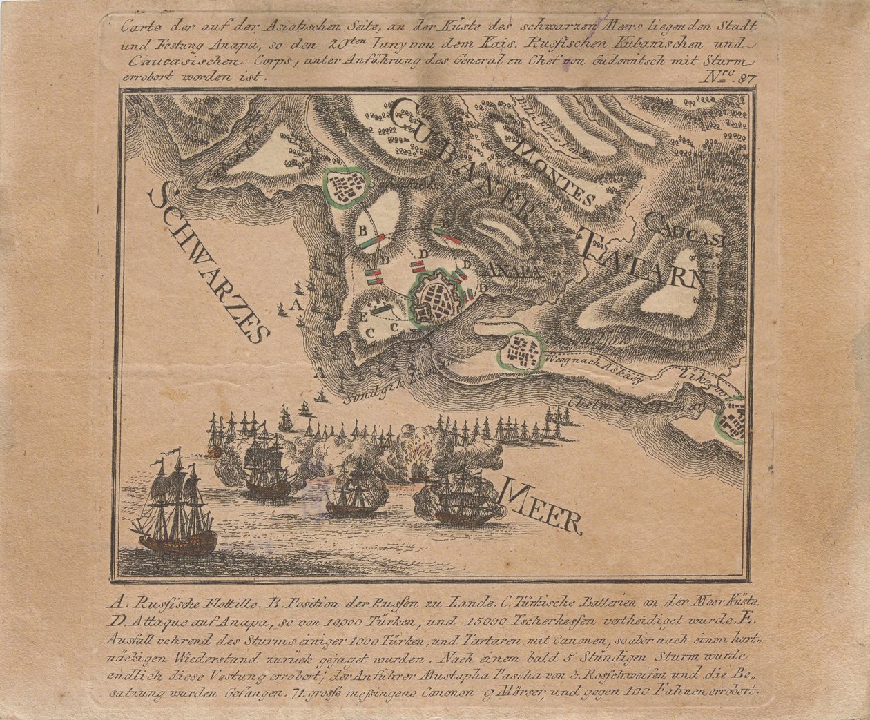 1791年6月に黒海でロシア軍が海の要塞アナパを占領した地図. 作： 不明