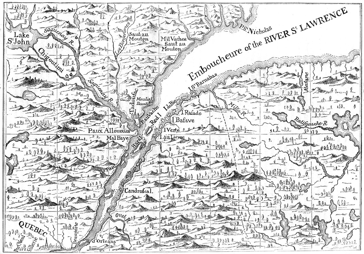セントローレンス川のケベックまでのコースの地図、1730 c1880 作： 不明