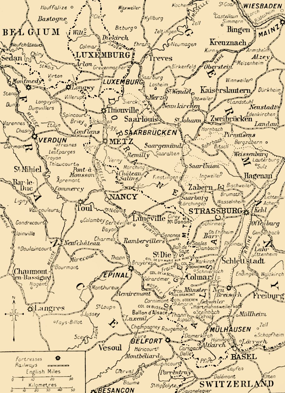 フランスとドイツの国境、第一次世界大戦、c1915、c1920を示す地図。 作： 不明