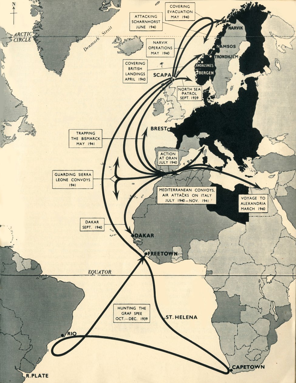 HMSアークロイヤル、1939-1941、1942年の動きを示す地図。 作： 不明