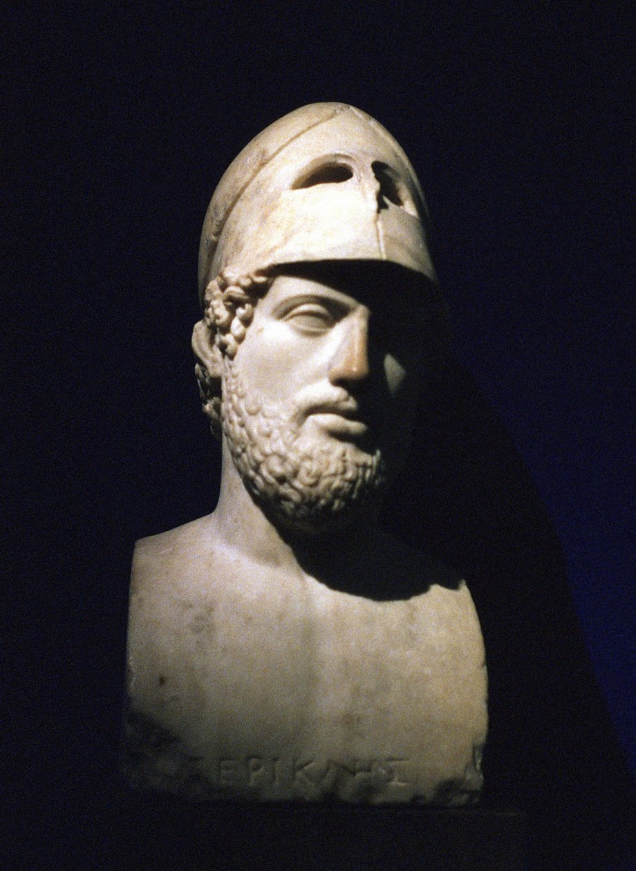 ペリクレス（Pericles）の大理石製肖像胸像 アテネの政治家（紀元前490～429年）。ローマ紀元前2世紀（イタリア、ラツィオ州ティボリのハドリアヌスの別荘から出土したとされる彫刻 作： 不明