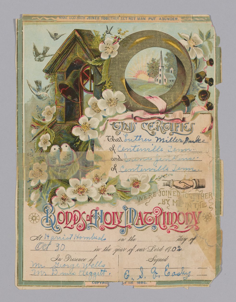 Luther Miller Pulce と Irene Jenkins の結婚証明書、1902 年 10 月 30 日。 作： 不明