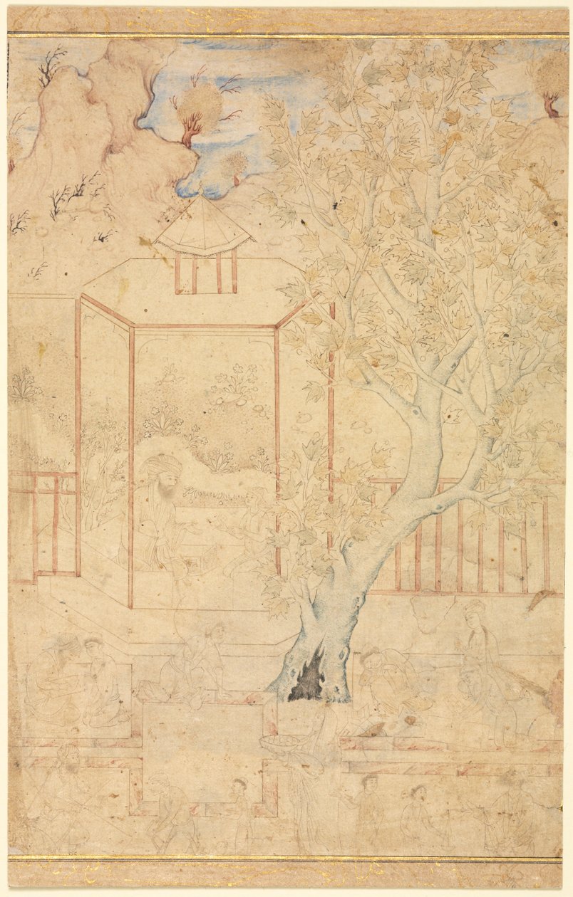 ガーデンパビリオンのマスターと弟子、1ページのイラスト、c。 1570-1590年代。 作： 不明