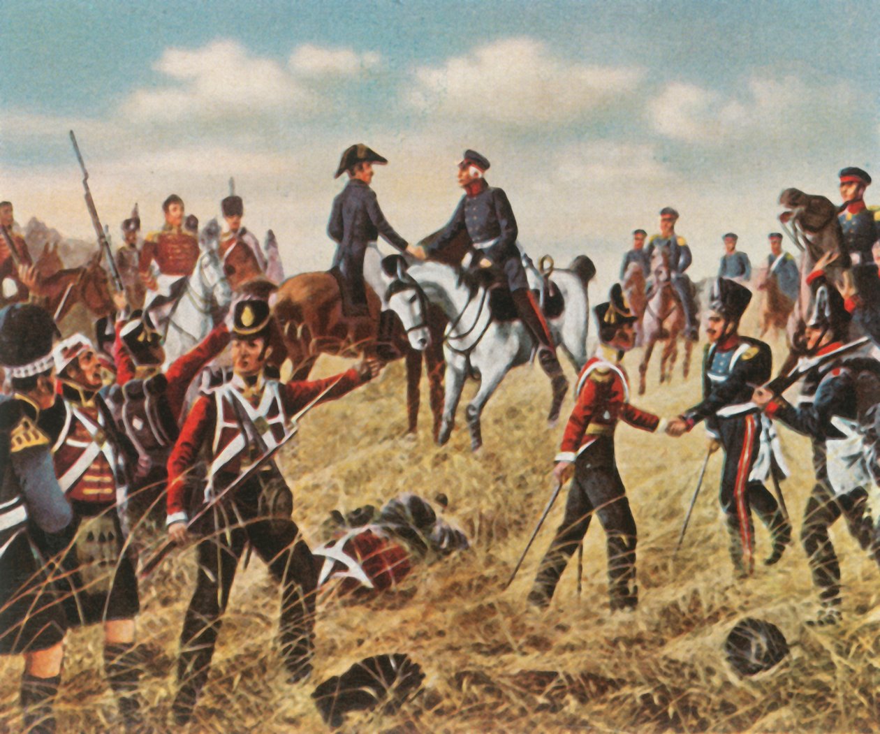 1815年6月18日、1936年、ウォータールーでウェリントンとブリューチャーの会合。 作： 不明