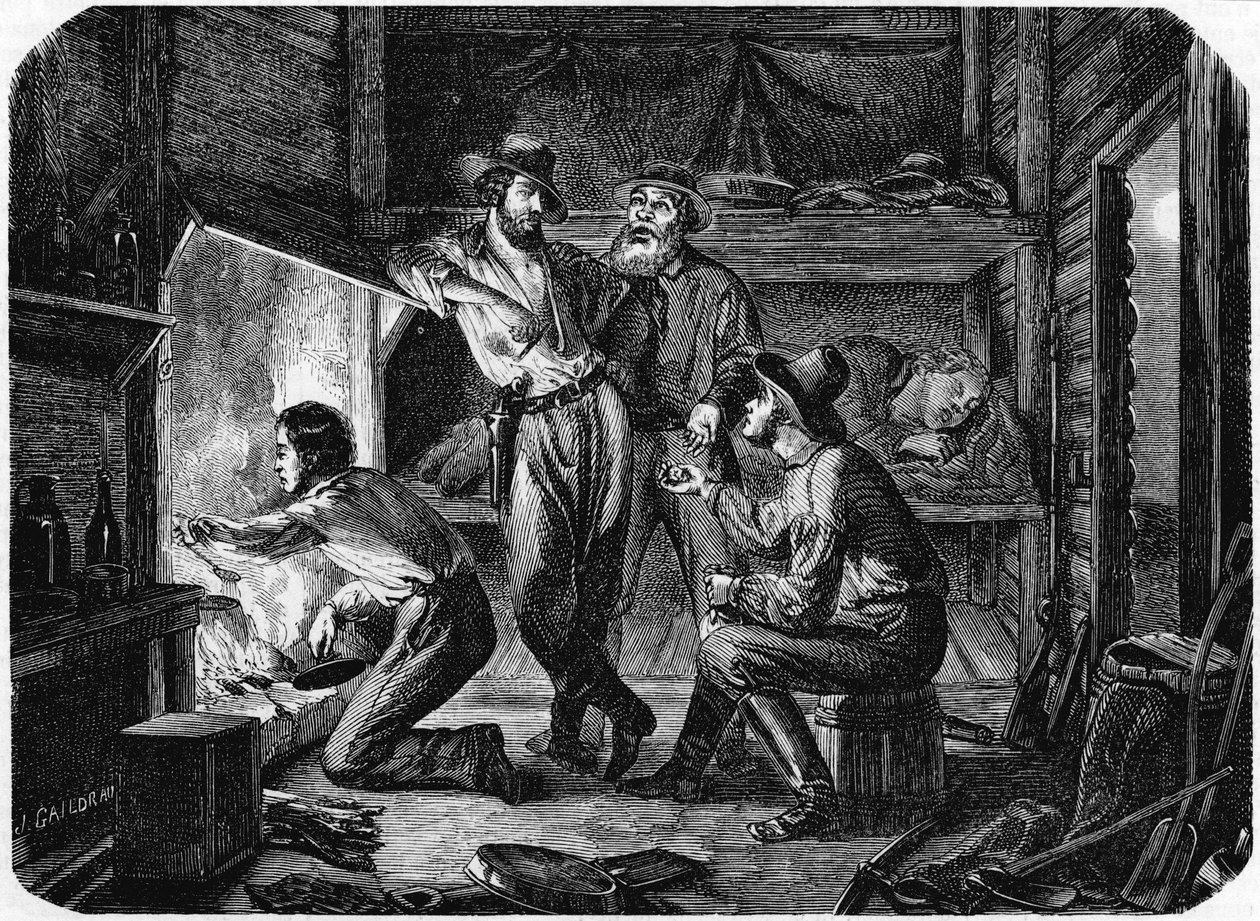 1853年の夜、丸太小屋でくつろぐカリフォルニアゴールドフィールドの鉱夫 作： 不明