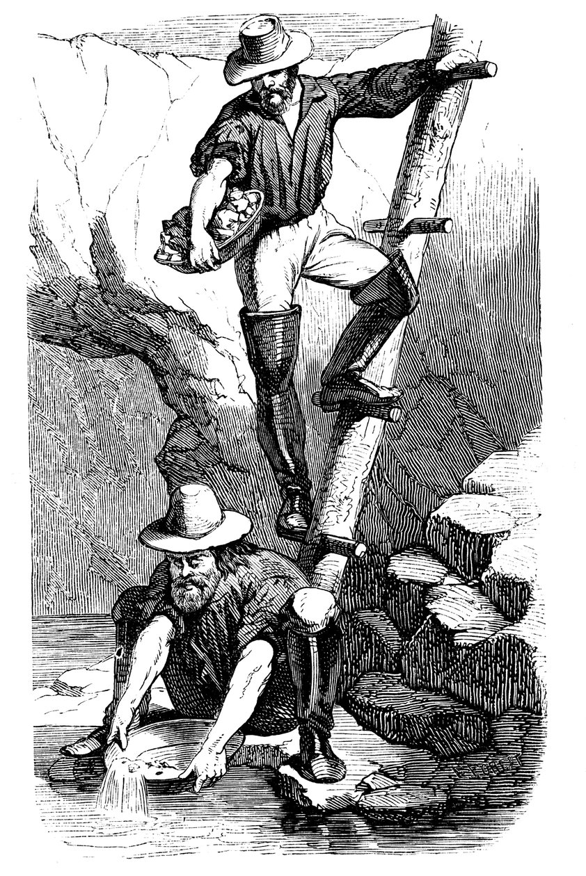 1849年のカリフォルニアゴールドラッシュ中に鉱山労働者が金を求めてパン 作： 不明