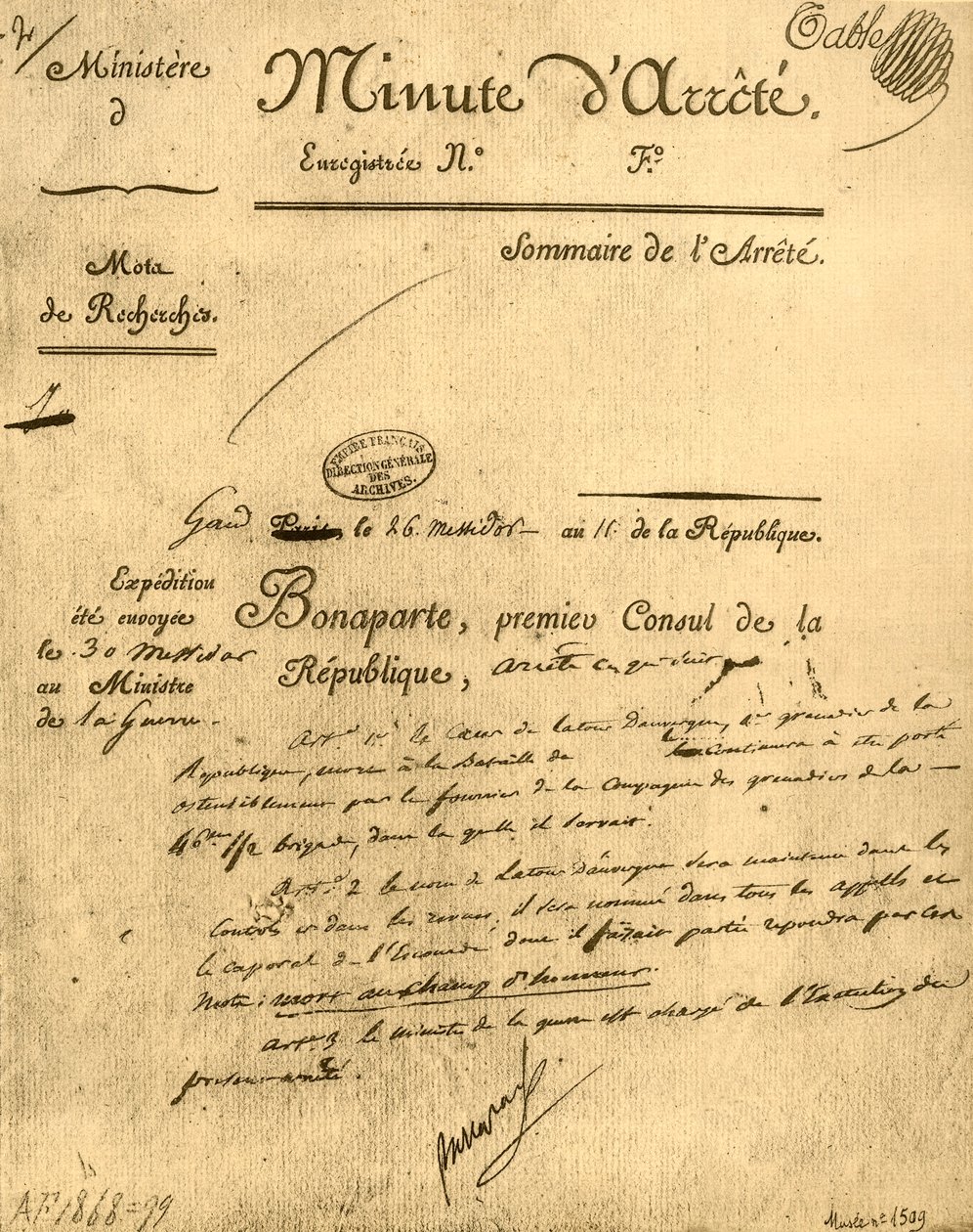 ラトゥールドーベルニュの主題に関する省令、1803年7月15日、1921年。 作： 不明