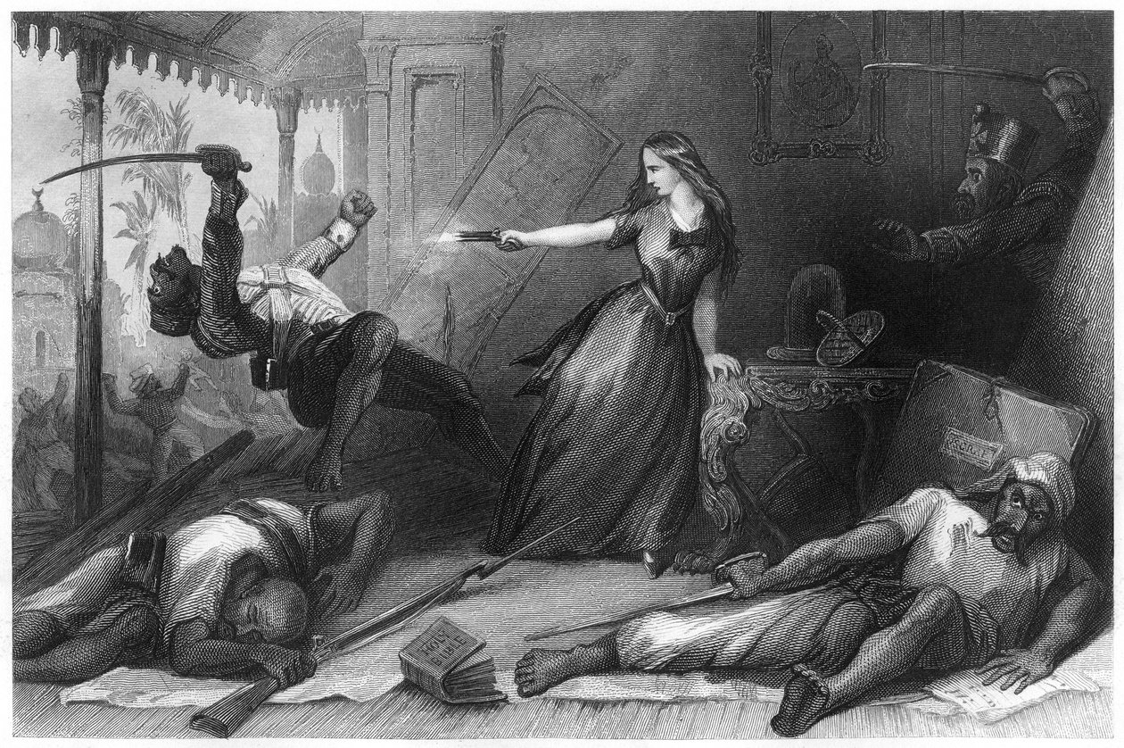 ウィーラー嬢、コーポアのセポイから身を守る、1857年、c1860年 作： 不明