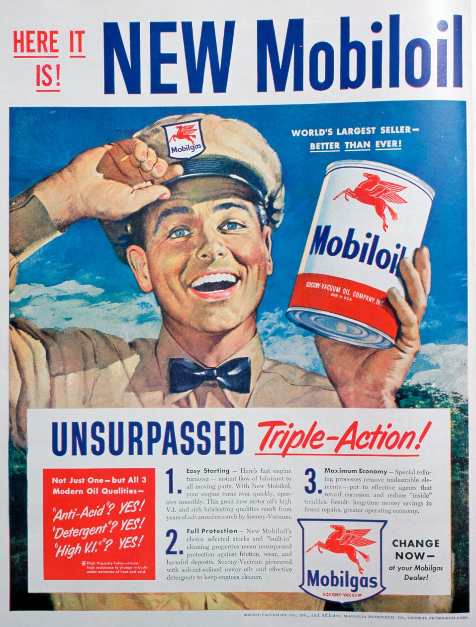 Mobiloilモーターオイルの広告、1949 作： 不明