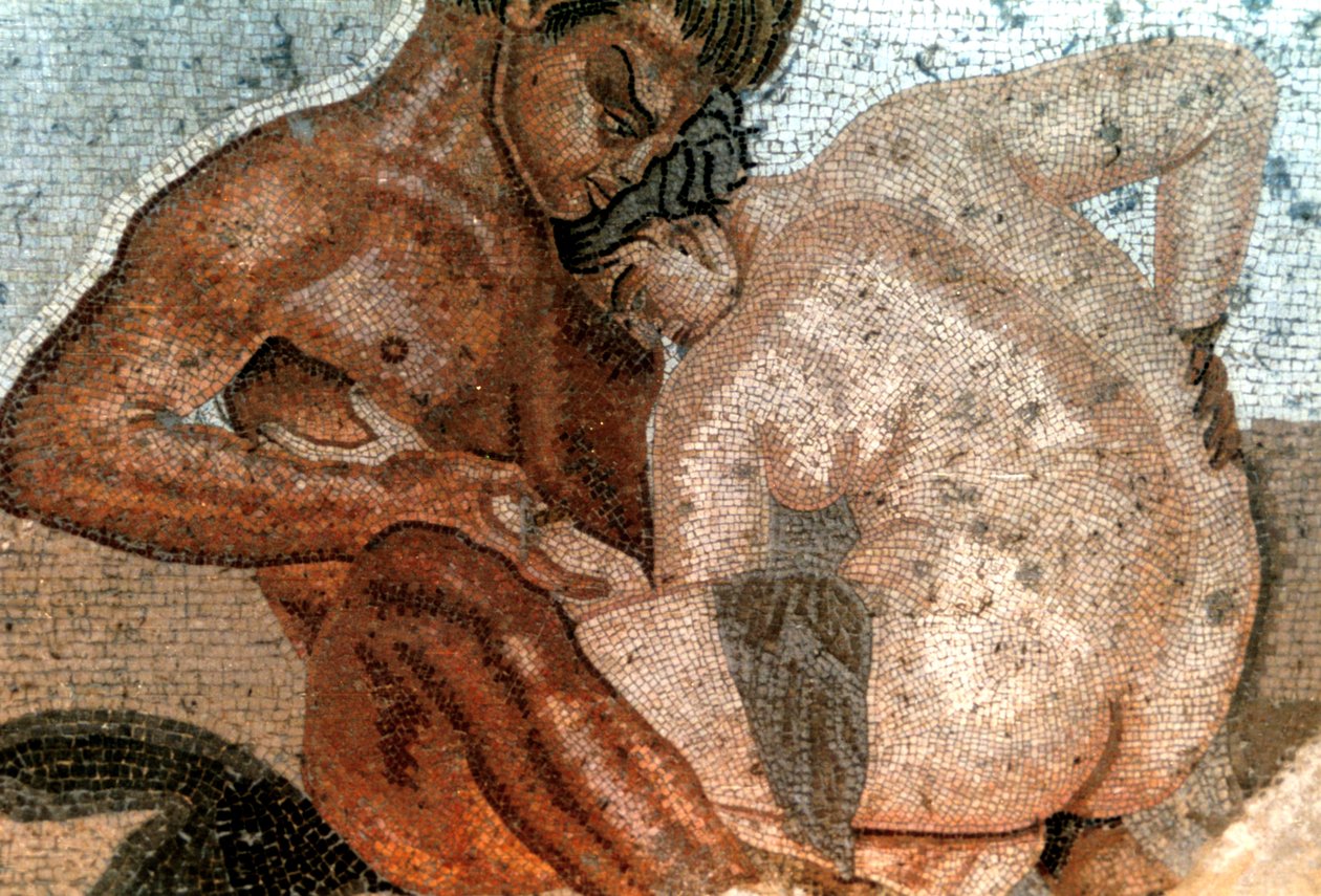 サテュロスとニンフのモザイク、ファウンの家、ポンペイ、イタリア 作： 不明