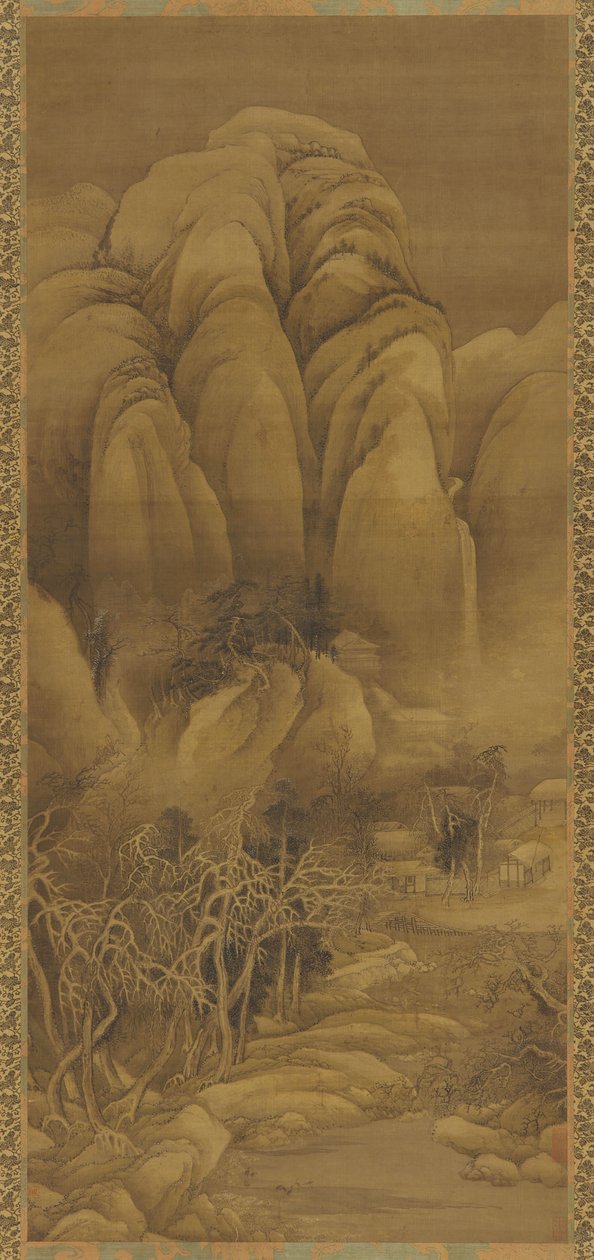17世紀の雪、明または清王朝の後の山の集落。 作： 不明