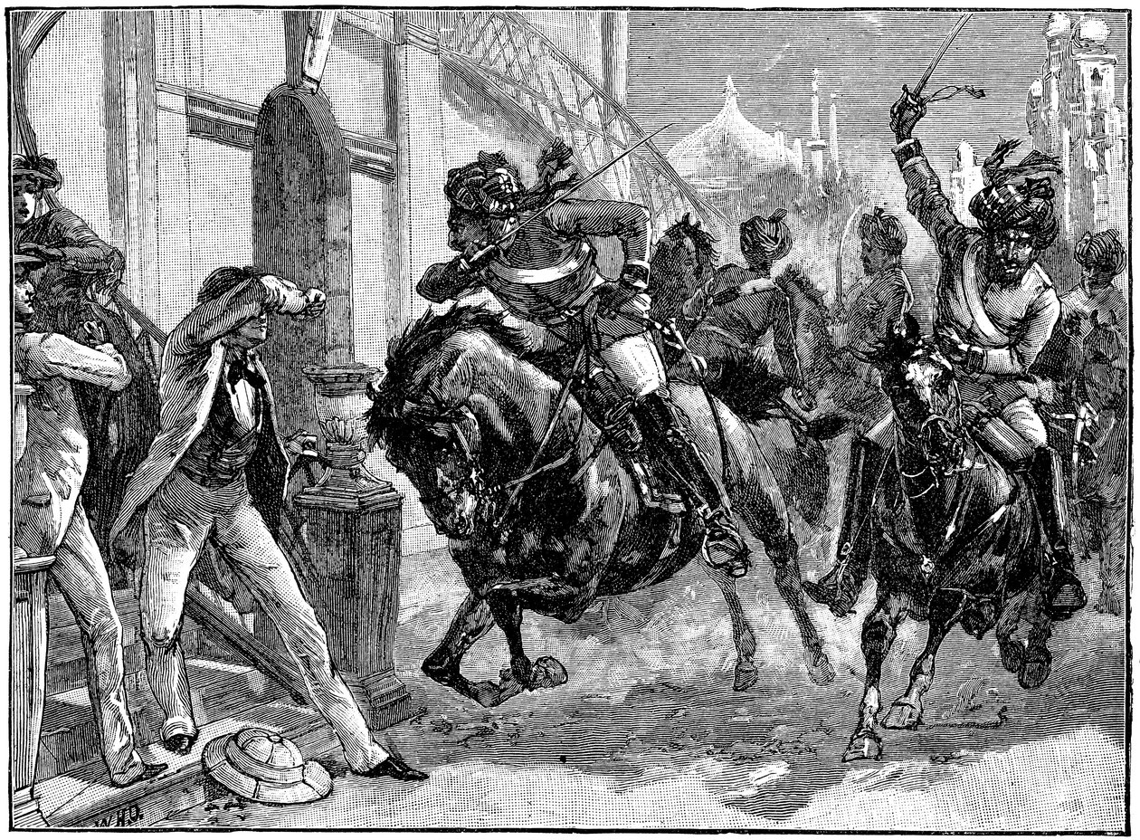 1857年5月c1895年5月、インドの反乱、デリーの街路を突進する反逆マウントセポイたち 作： 不明