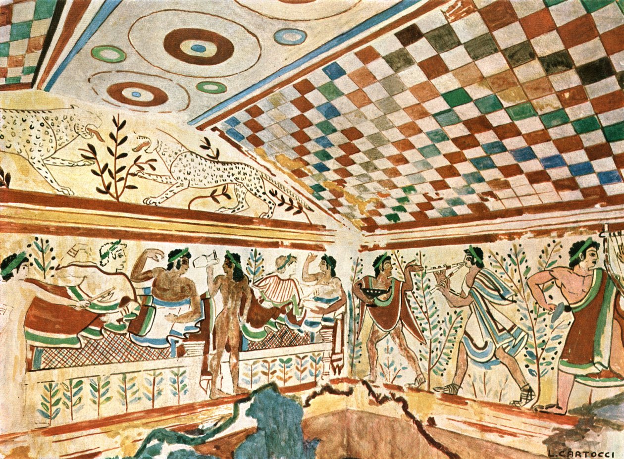 1928年、イタリア、タルクイーニアのヒョウの墓トンバデイレオパルディの壁画。 作： 不明
