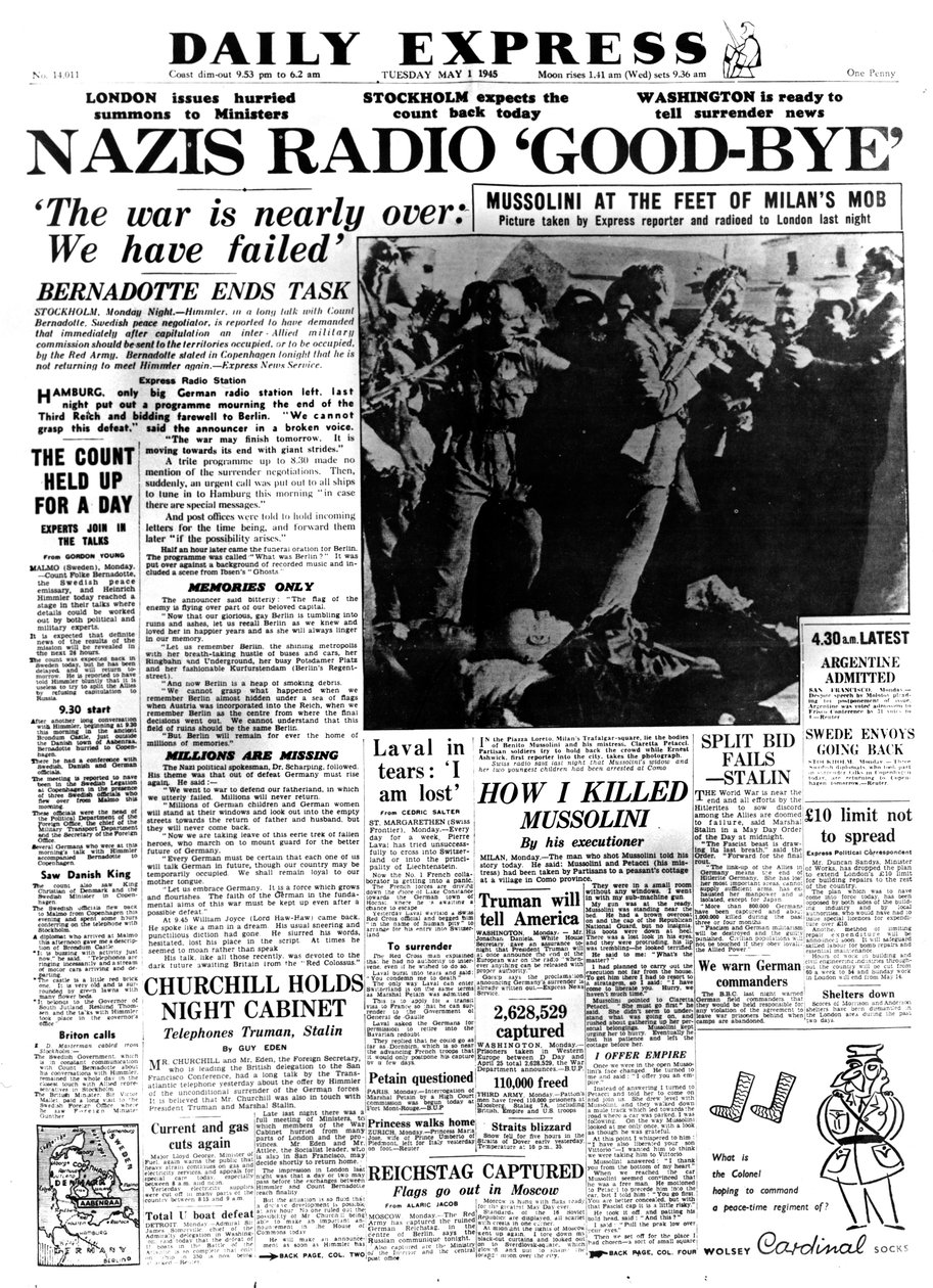 ナチスラジオさようなら、1945年5月1日、Daily Expressの表紙 作： 不明