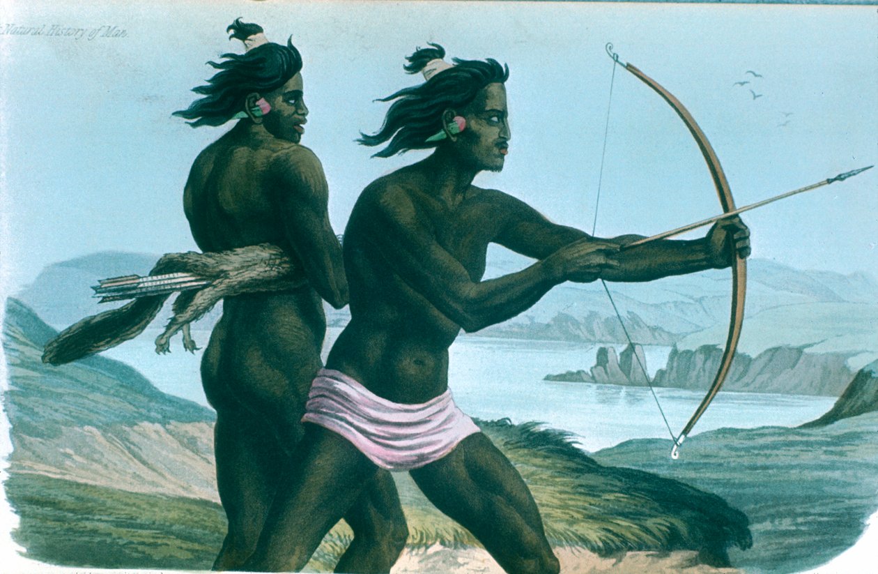 北アメリカのサンフランシスコのインディアンが弓矢で狩り、c1840 作： 不明