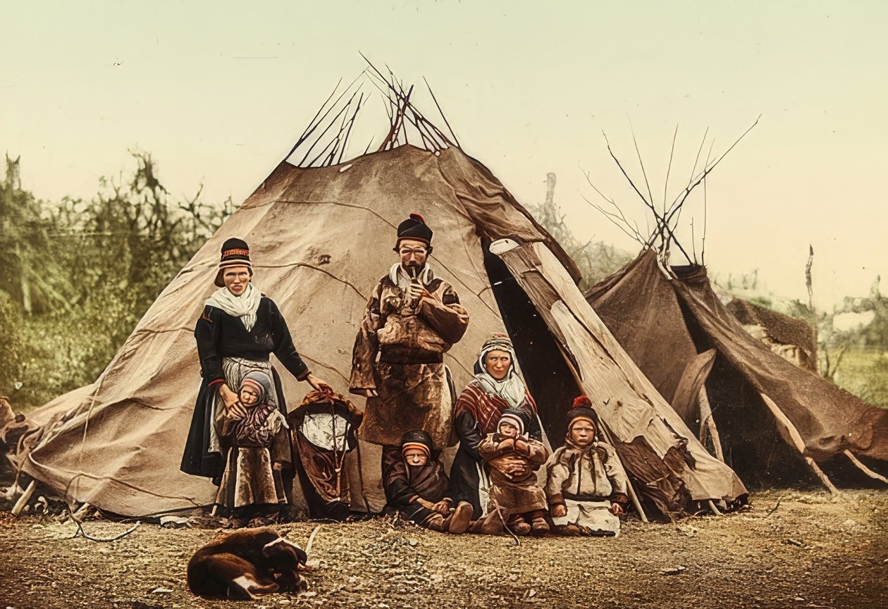 ノルウェー。 Rag（seed）-テントの前の家族。 1900年頃。 Photoglob - Zurichによる写真 作： 不明