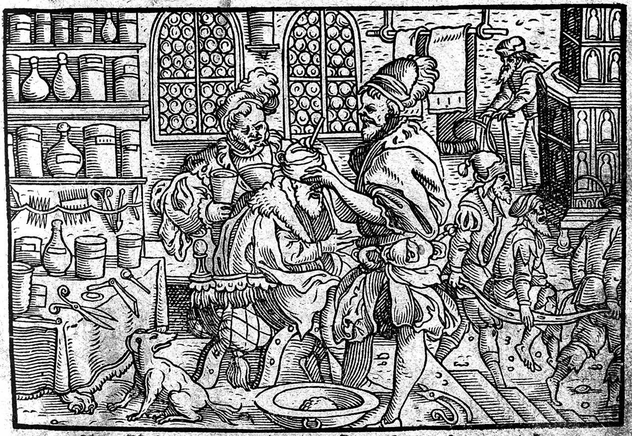 男の頭の手術。 From：The Great Wundarzney by Theophrastus Bombastus von Hohenheim、1562 作： 不明