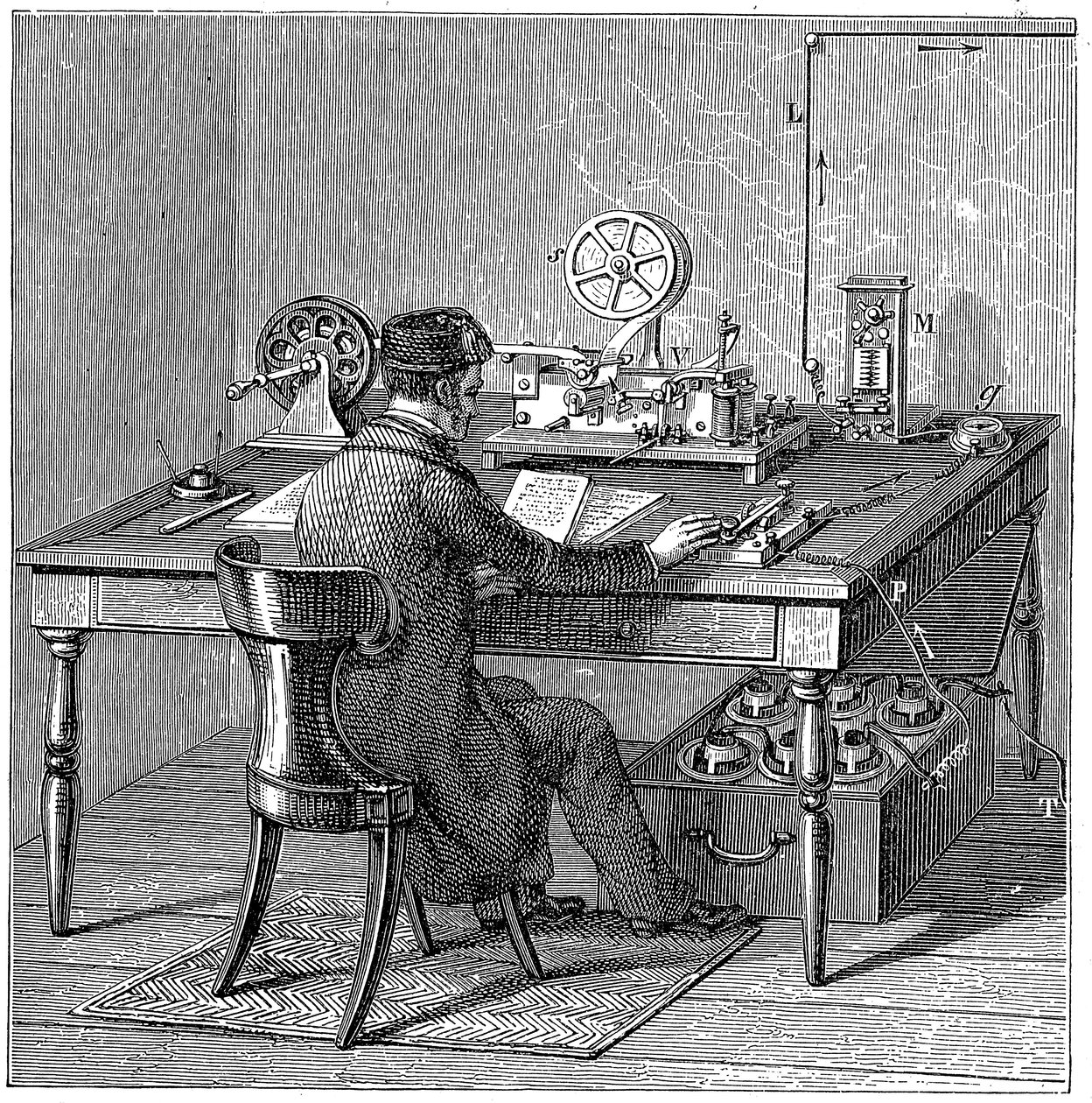 モールス電気印刷電信でメッセージを送信するオペレーター、1887年 作： 不明