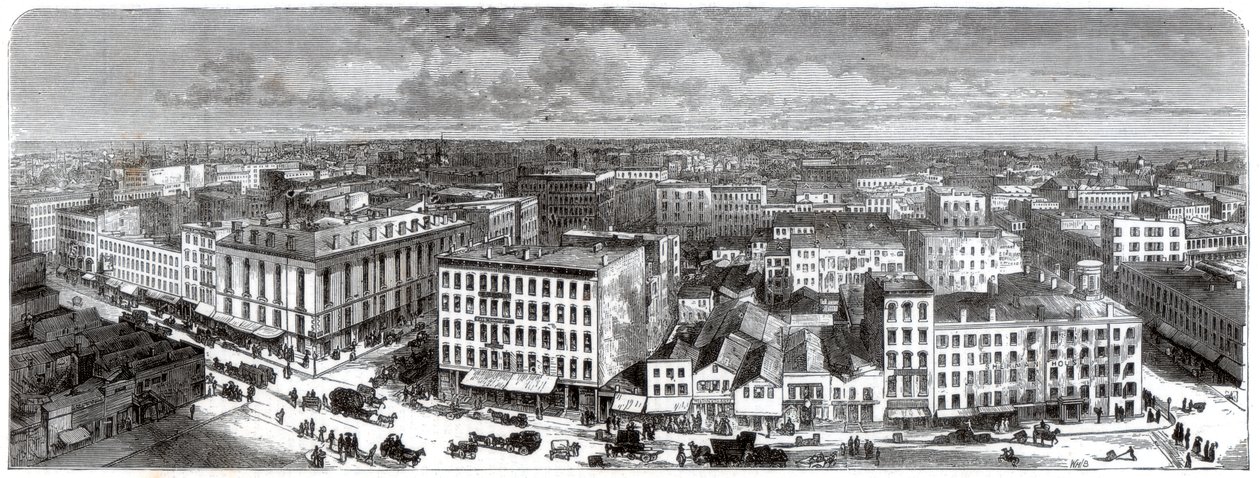 1871年にアメリカの市庁舎の上から見たシカゴのパノラマ 作： 不明