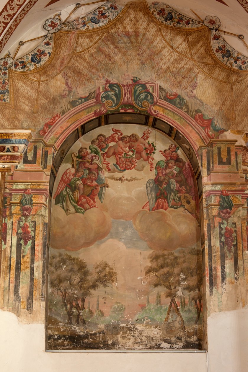 教区教会（Iglesia de San Agustín）。内部の様子。礼拝堂の様子。壁画。ズルバランの学校。礼拝堂の様子。バロック様式。17世紀のバロック様式。 作： 不明