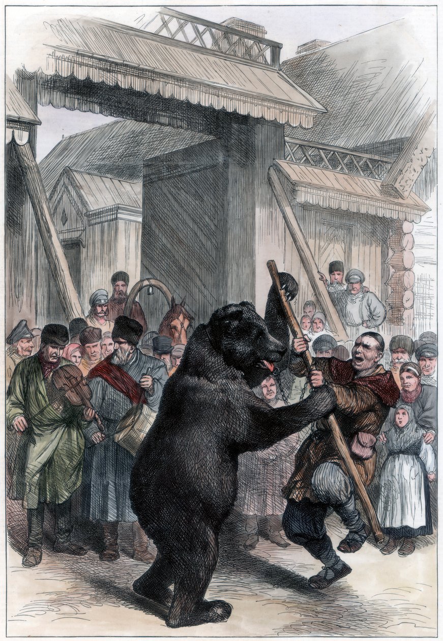 ロシアの村でクマを演じる、1877年 作： 不明