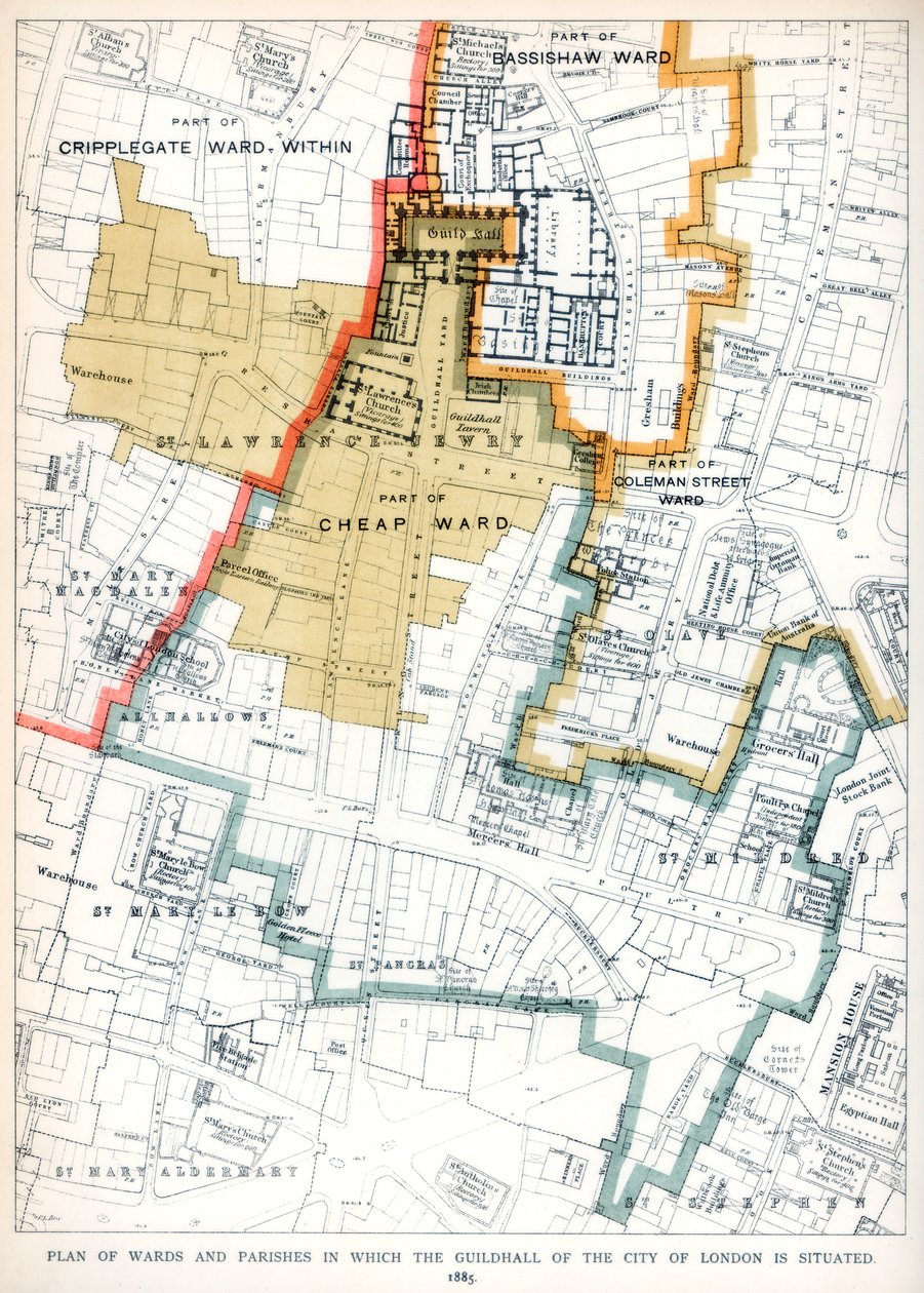 ロンドン市のギルドホールが置かれている区と教区の計画、1886年 作： 不明