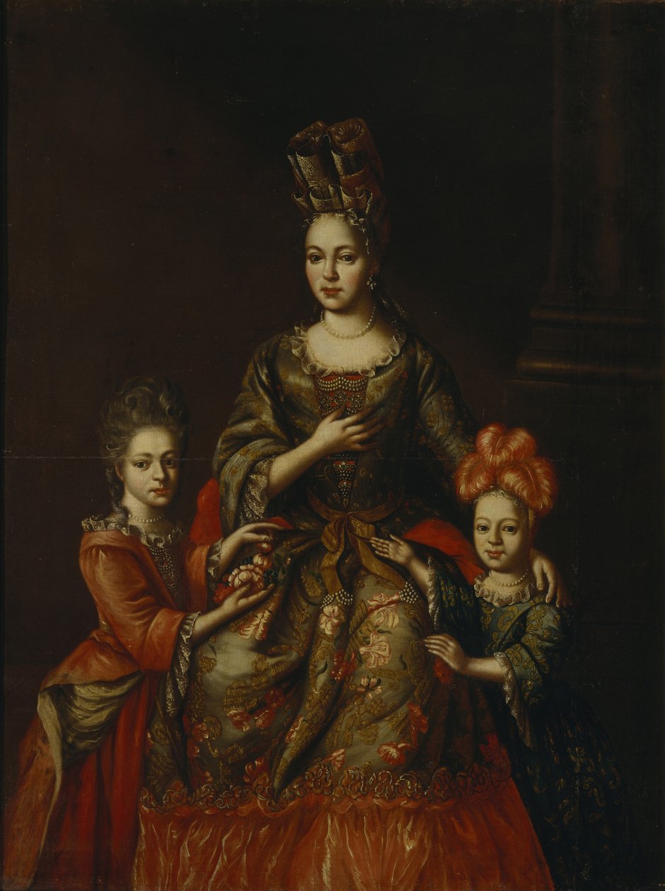 Anastasiya Yakovlevna Naryshkinaと子供たちの肖像Alexandra Kirillovna und Tatyana Kirillovna、18世紀初頭。 作： 不明