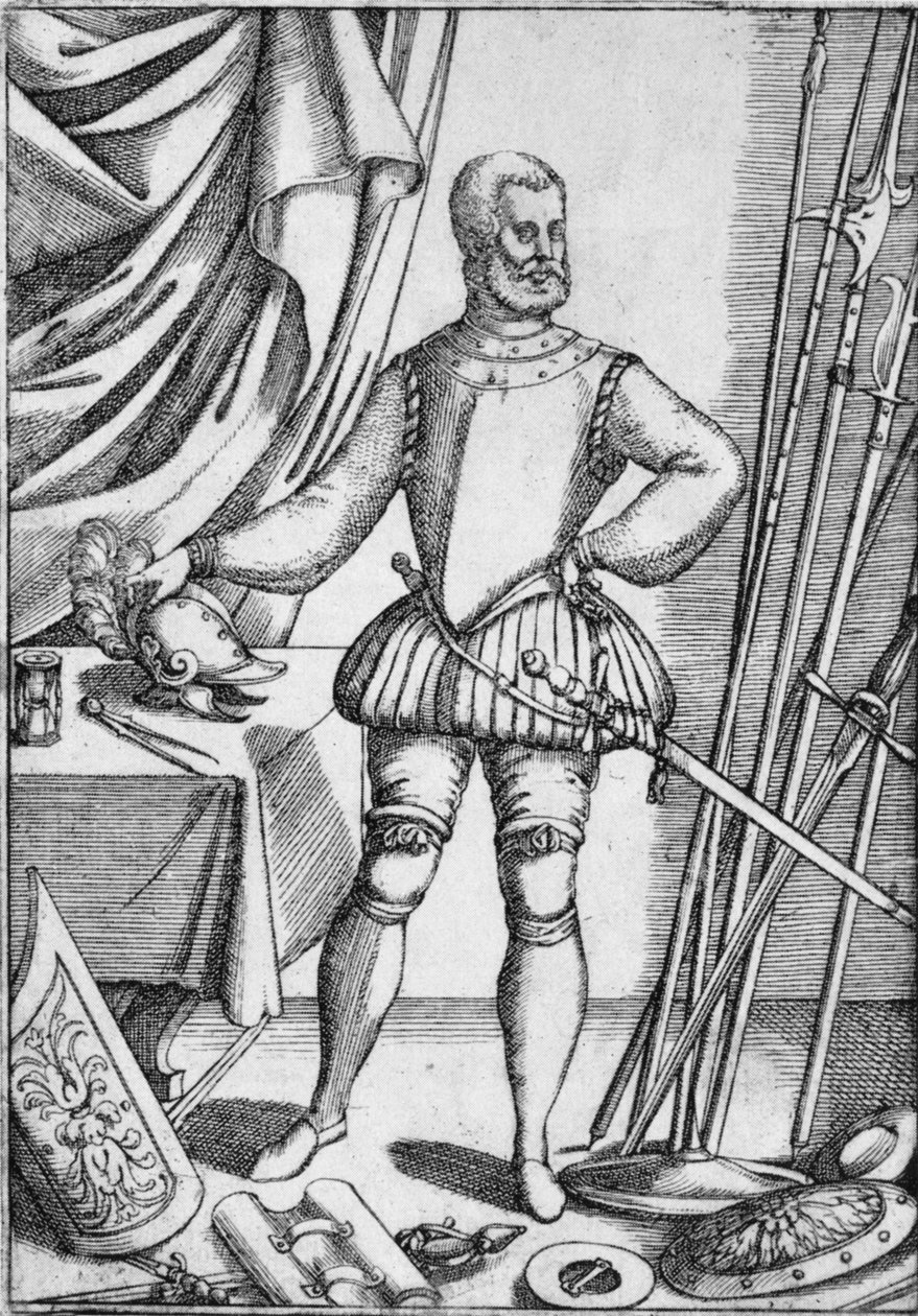 ジャコモディグラッシの肖像画。彼が生徒に教えた武器の使い方を示しています。1575年、1936年 作： 不明