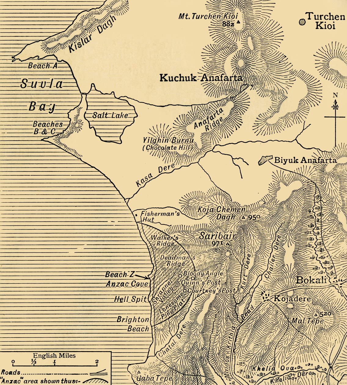 トルコのガリポリ半島におけるアンザック軍の位置、第一次世界大戦、1915年7月、c1920。 作： 不明
