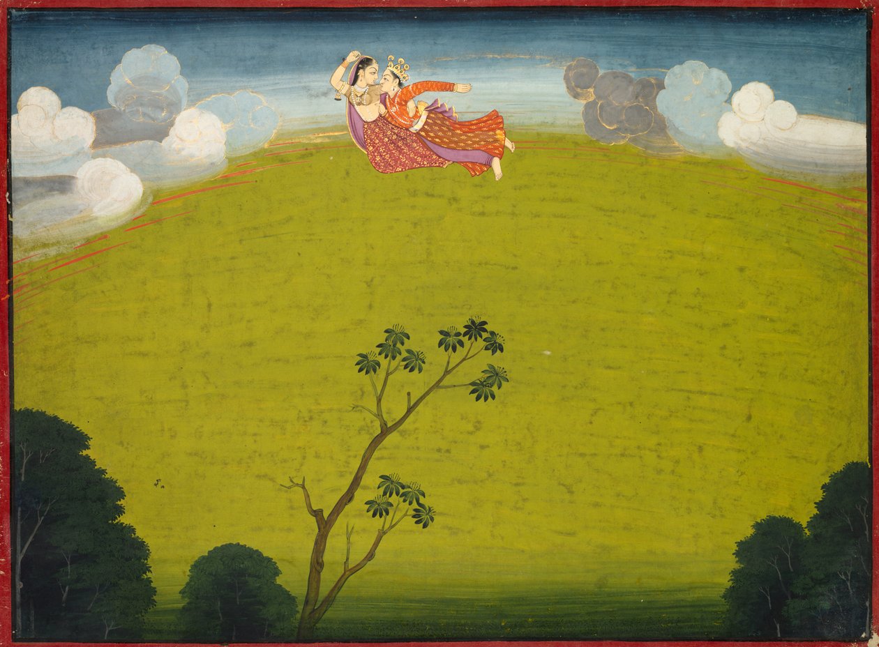 PradyumnaとMayavatiが大Basohli Bhagavata PuranaからDvarakaへ飛ぶ。 1760-1765。 作： 不明