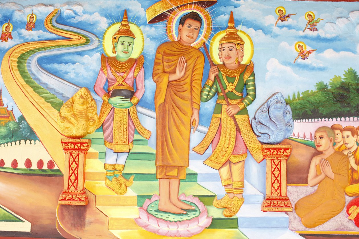 Preah Prom Rath MonasteryLife of Buddha仏陀が天界を訪れ、インドラ神やブラフマー神と会っている様子（カンボジア、シェムリアップ 作： 不明