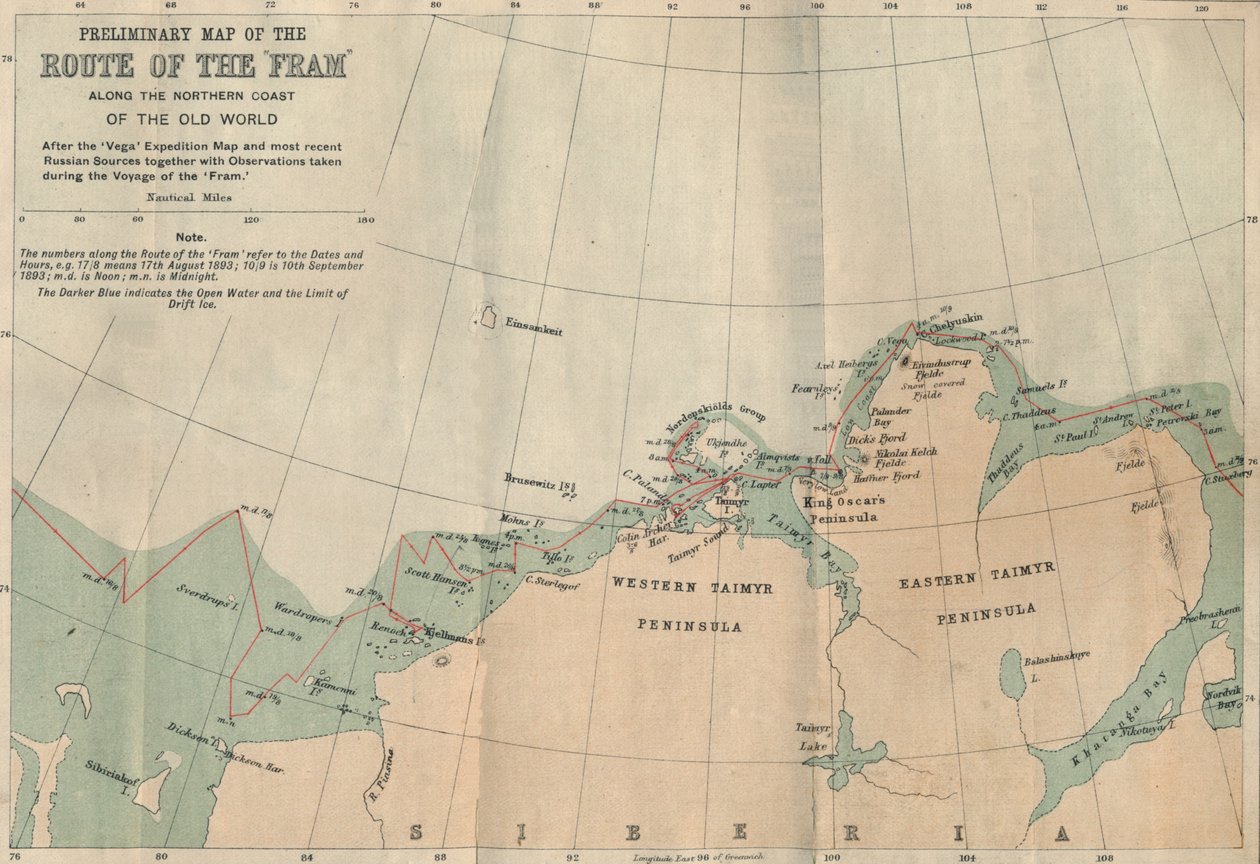 旧世界の北海岸に沿ったフラムのルートの予備地図、c1893-1896、1897。 作： 不明