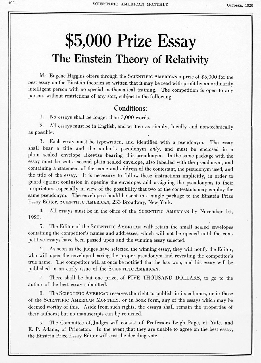 1920年10月にサイエンティフィックアメリカンでアインシュタインの相対性理論論についての賞を受賞 作： 不明