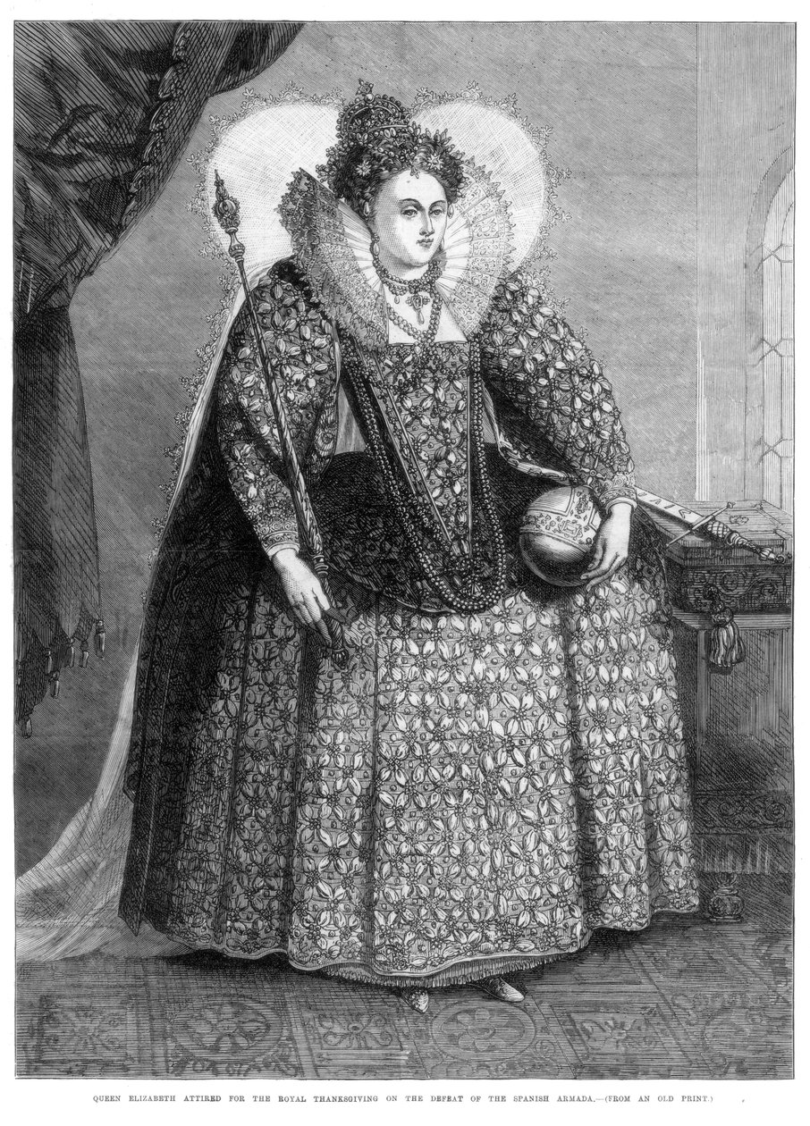 エリザベス女王、1872年にスペインのアルマダの敗北で王室感謝祭の衣装を着た 作： 不明