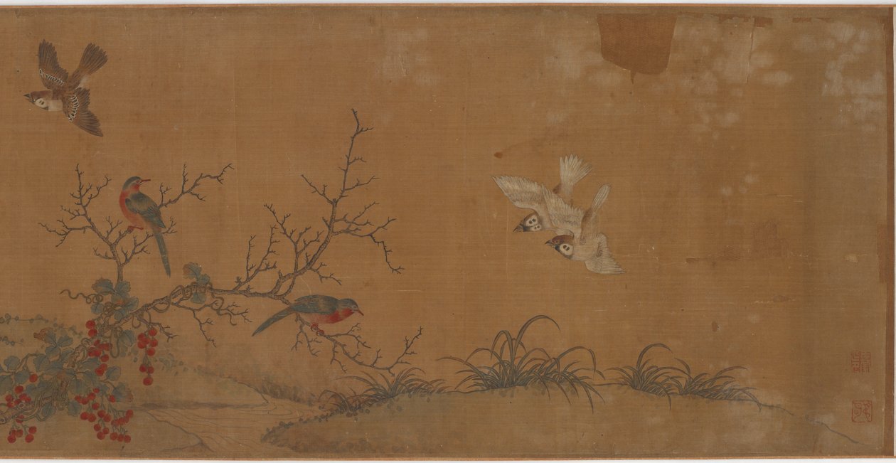 ウサギ、鳥、花、17世紀。 作： 不明