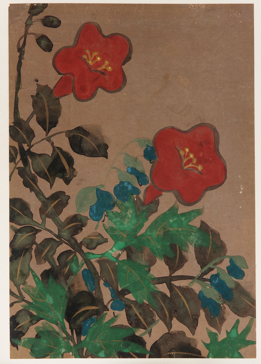 赤と青の花と葉、江戸時代、1615-1868. 作： 不明