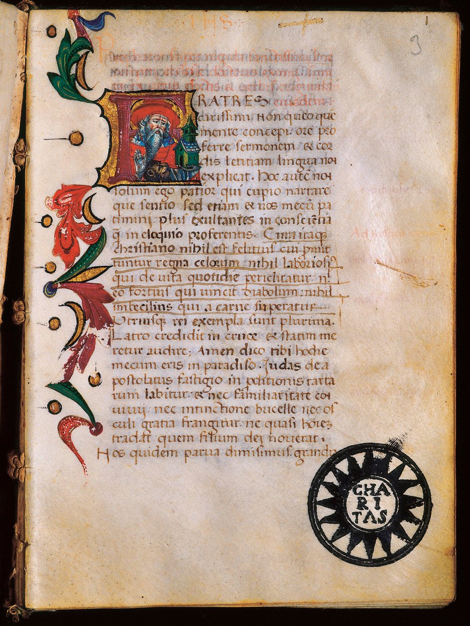 聖ジェローム（347-420）の肖像、「Opuscola theologica」から引用した照らされたページ。 作： 不明