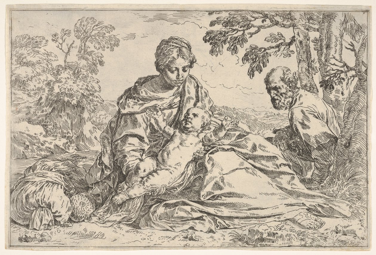 エジプトへのフライトで休憩し、マリアが聖ヨセフと一緒に幼児のキリストを抱きしめます。 1640以降。 作： 不明