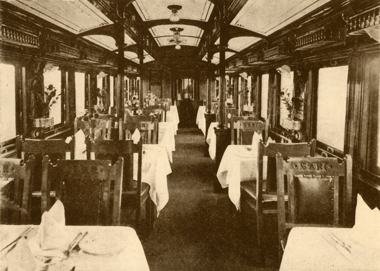 長距離列車のレストラン車、南アフリカ鉄道、1930年。 作： 不明