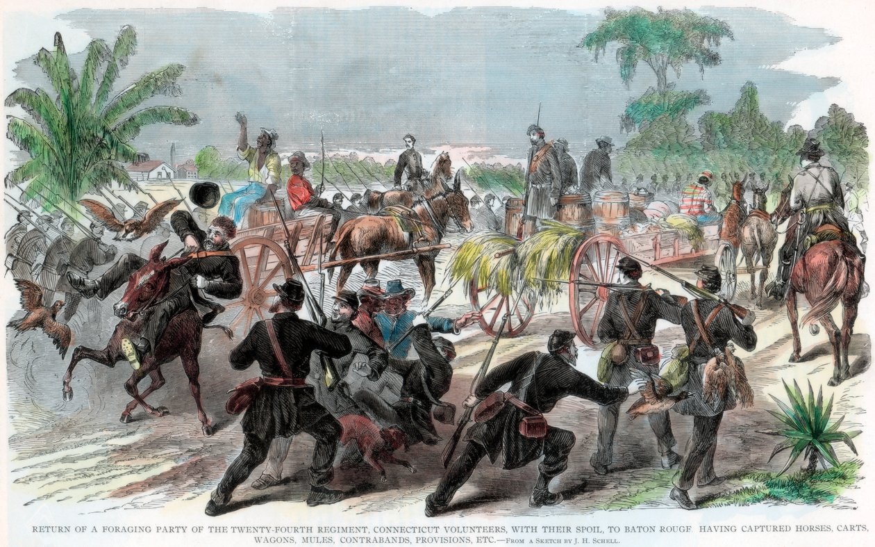 南北戦争、ルイジアナ州バトンルージュへの採餌パーティーの戻り、c1862 作： 不明