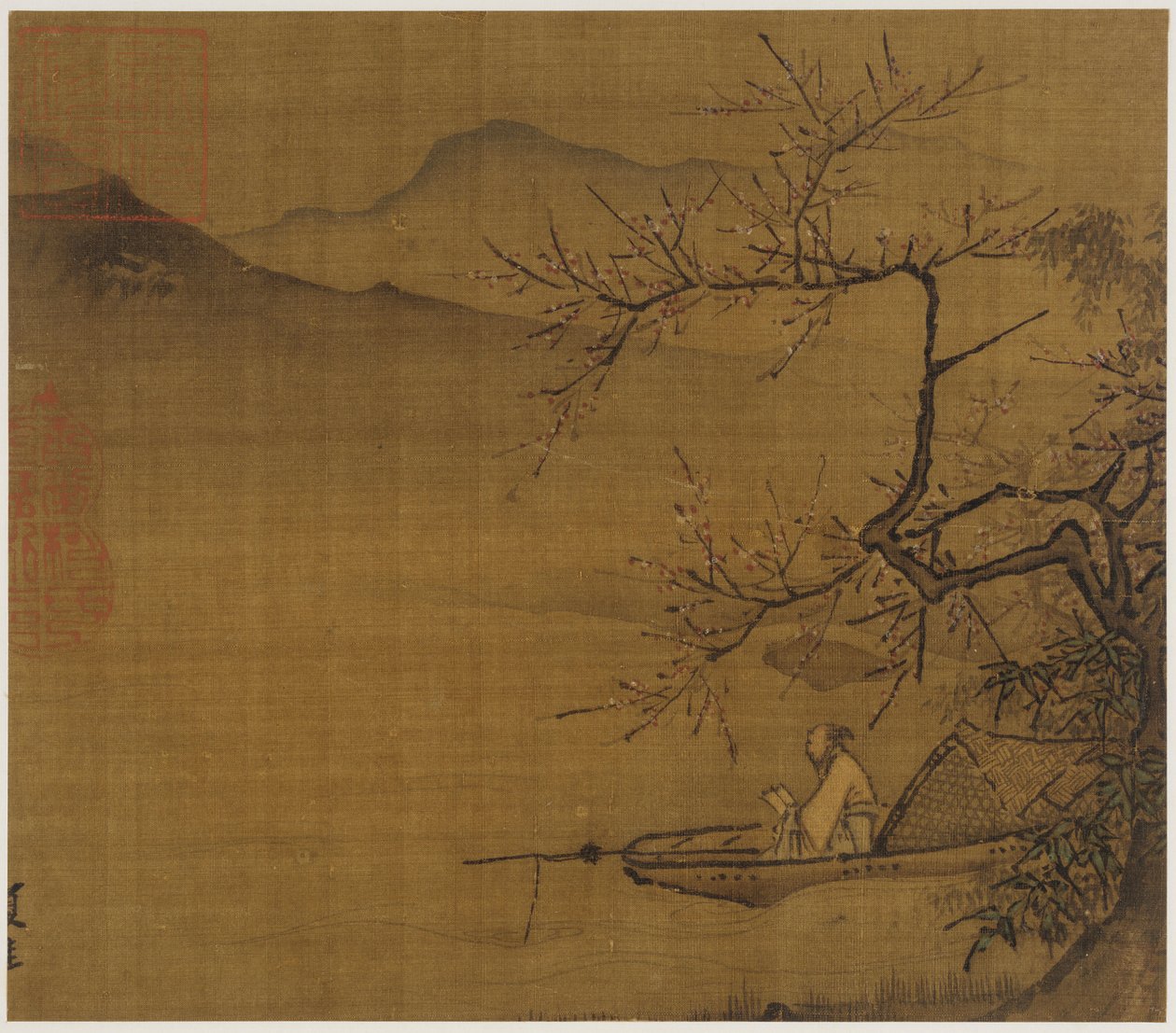 川の風景: 明王朝、1368-1644 年、花が咲く木の下に係留されたボートで読書をしている男性。 作： 不明