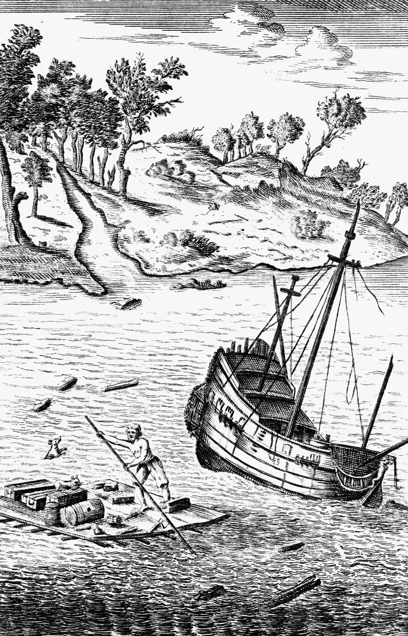 ロビンソン・クルーソーが船の難破船から品物を救う、c1719 作： 不明