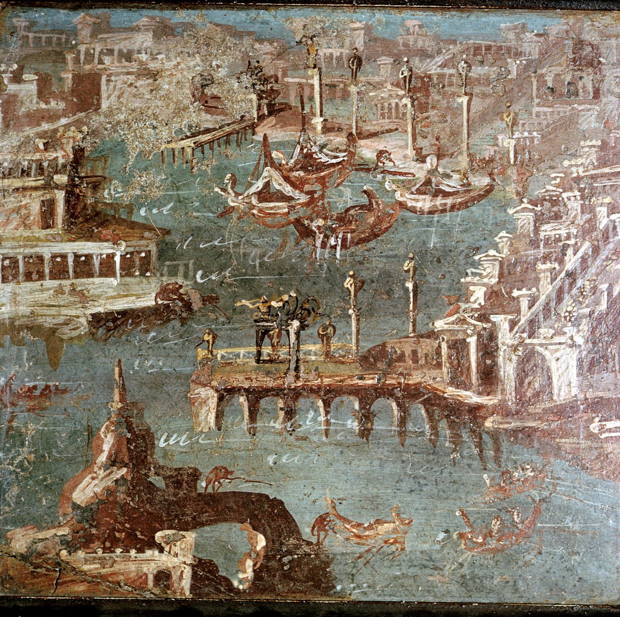 イタリア、ポンペイ近郊の港のシーン、スタビアエのローマ時代の壁画 作： 不明