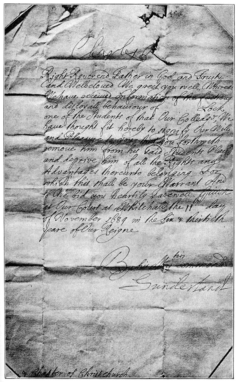 1684年、1894年、オックスフォードのクライストチャーチの生徒からロックの名前を消去するという王室の使命 作： 不明