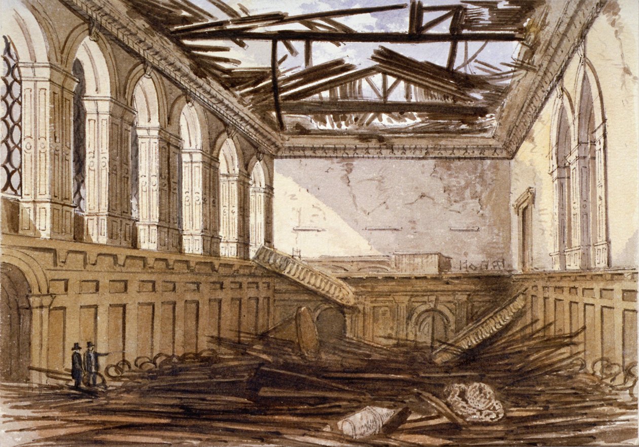 ハーバーダッシャーズ ホールのバンケット ホールの廃墟、ロンドン市、1864 年 作： 不明