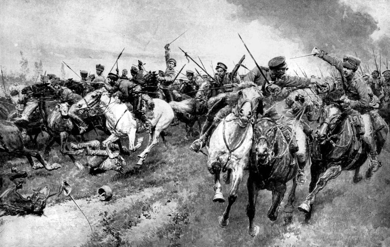 1914年の第一次世界大戦、東プロイセン、ドイツ軍を攻撃するロシアのコサック 作： 不明