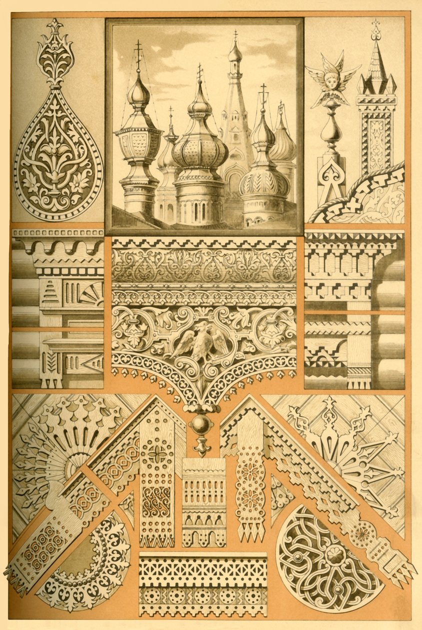 ロシアの建築装飾品と木彫り、1898年。 作： 不明