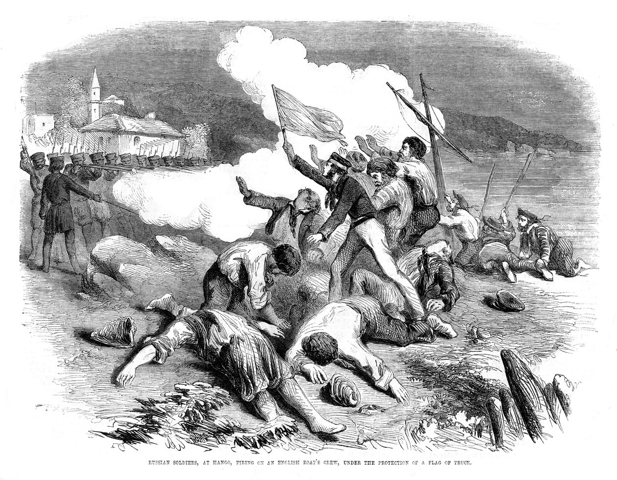 ロシアの兵士が休戦の旗の保護下でイギリスの船の乗組員に発砲、1855 作： 不明