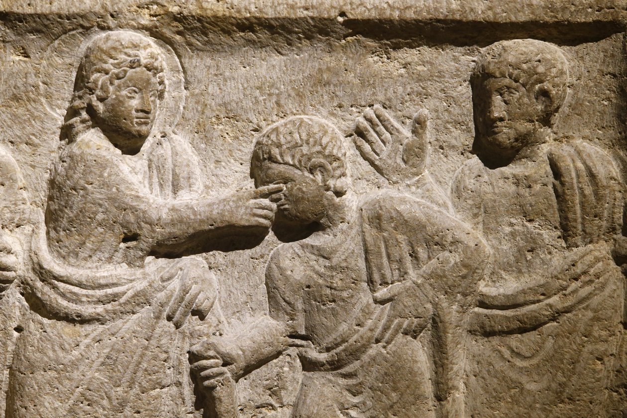 マルセイユのサン・ヴィクトル修道院。Sarcophagusの詳細。盲人を治療するイエスフランス 作： 不明