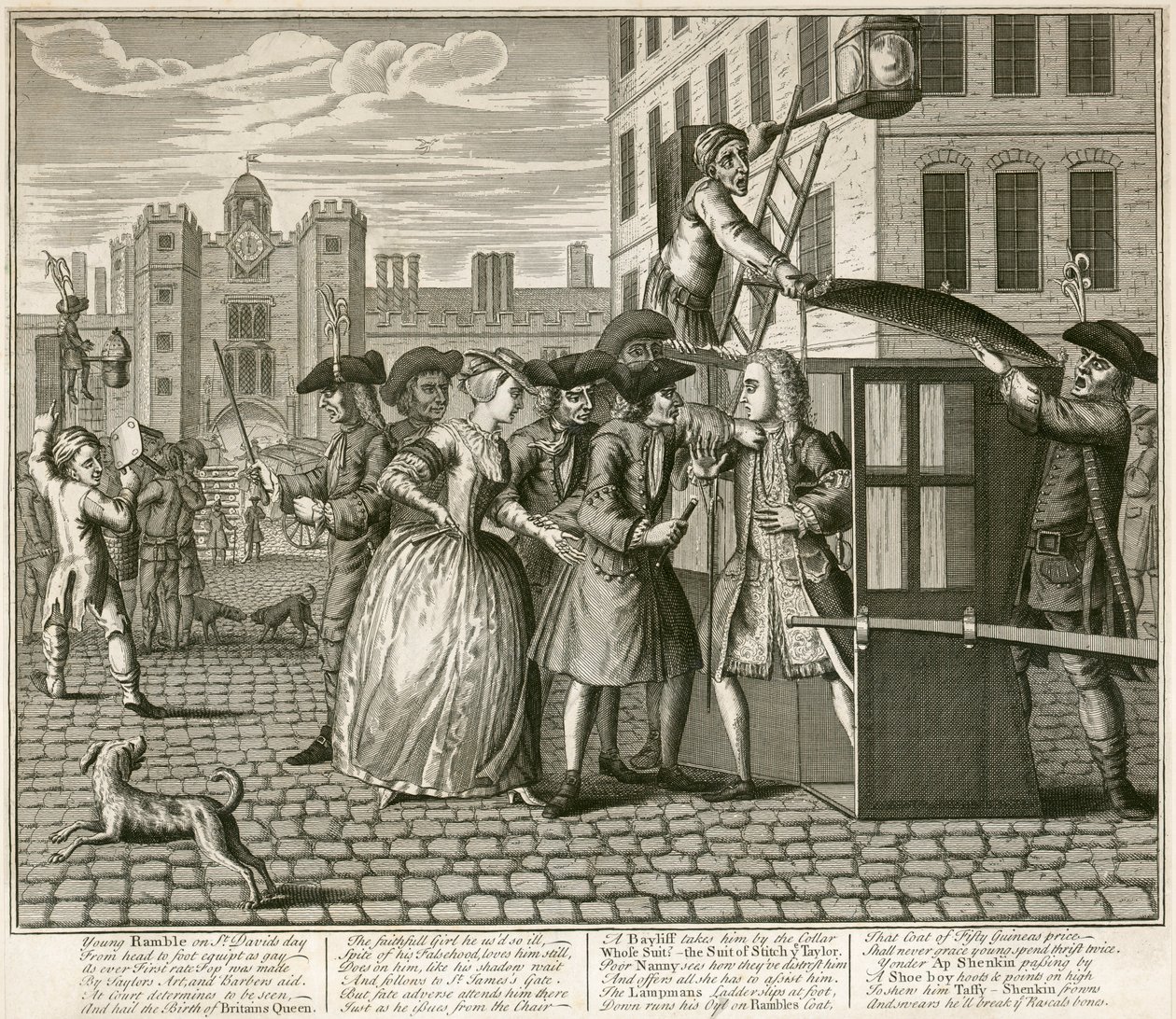 1740 年、ロンドンのセント ジェームズ宮殿を描いた風刺的な版画 作： 不明